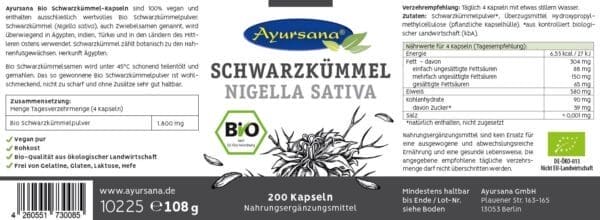 Schwarzkümmel Kapseln 450mg vegan - BIO (Ayursana)_1