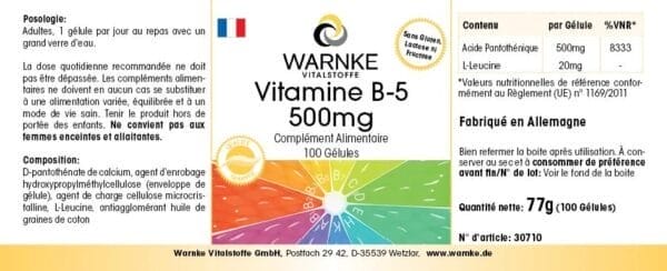 Vitamin B5 500mg (Warnke) - französisch