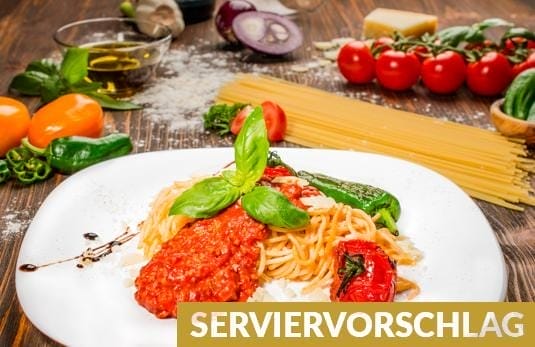 Pflanzliche Sauce Bolognese (tahedl) Serviervorschlag